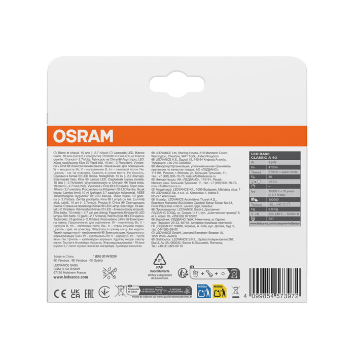 Osram LED-pære STD mat E27 4,9 W 3-pk.